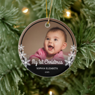 Snowflakes Baby's First Christmas Photo Black Ceramic Ornament