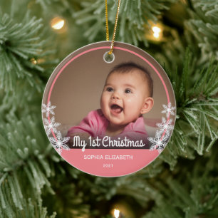 Snowflakes Baby's First Christmas Photo Pink Ceramic Ornament