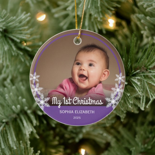Snowflakes Baby's First Christmas Photo Purple Ceramic Ornament (Tree)