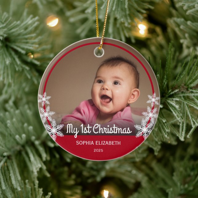 Snowflakes Baby's First Christmas Photo Red Ceramic Ornament (Tree)
