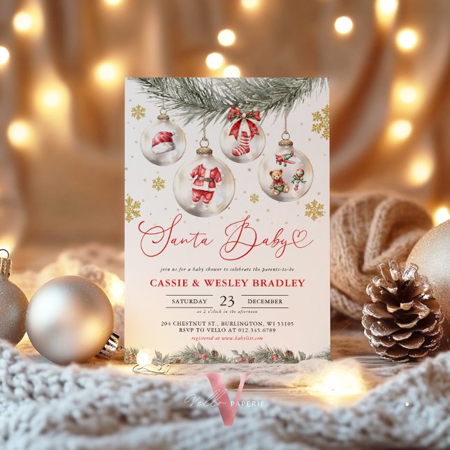 Snowflakes Baubles Christmas Santa Baby Shower Invitation (Creator Uploaded)