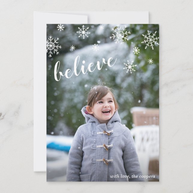 Snowflakes Believe Simple Cute Photo Christmas Holiday Card (Front)