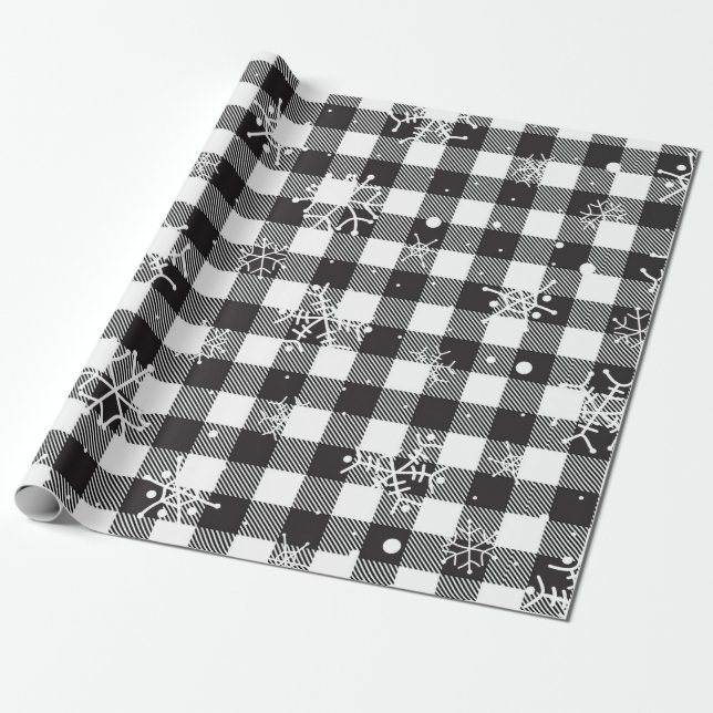 Snowflakes Black White Buffalo Plaid Wrapping Paper (Unrolled)