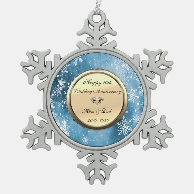 Snowflakes Blue Diamond 10th Wedding Anniversary Snowflake Pewter Christmas Ornament (Front)