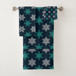 Snowflakes Blue Green Minimal Pattern Bath Towel Set