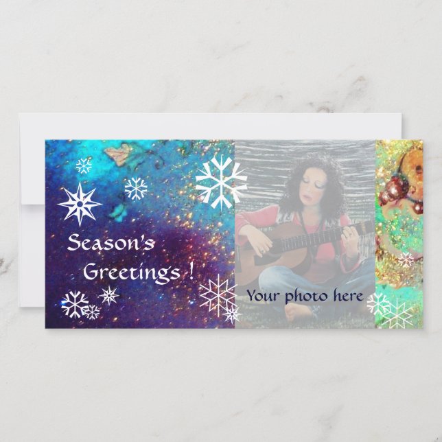 SNOWFLAKES, blue,green,white,yellow Holiday Card (Front)