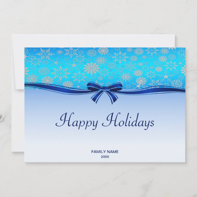 Snowflakes Blue Ribbon Holiday Christmas Card (Front)