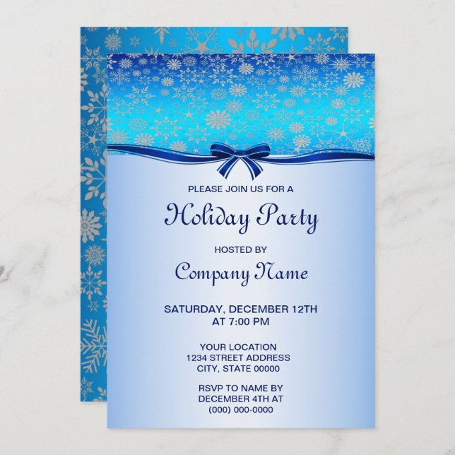 Snowflakes Blue Ribbon Holiday Invitation (Front/Back)