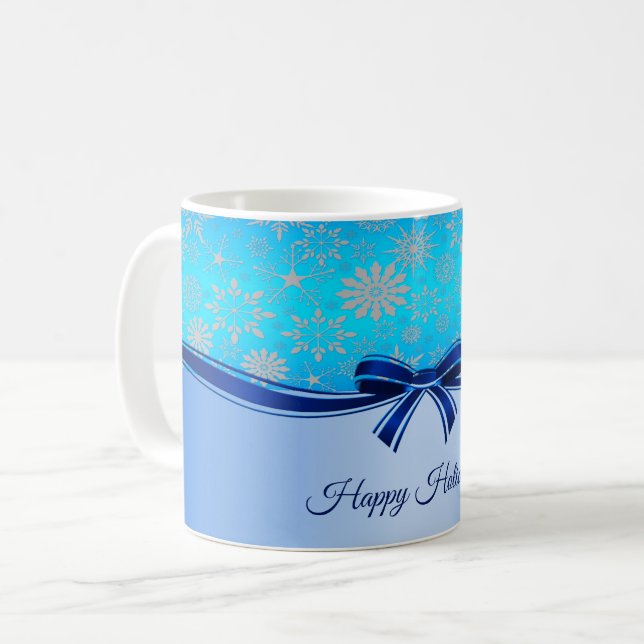 Snowflakes Blue Ribbon Holiday Mug (Front Left)