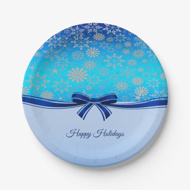 Snowflakes Blue Ribbon Holiday Paper Plate (Front)