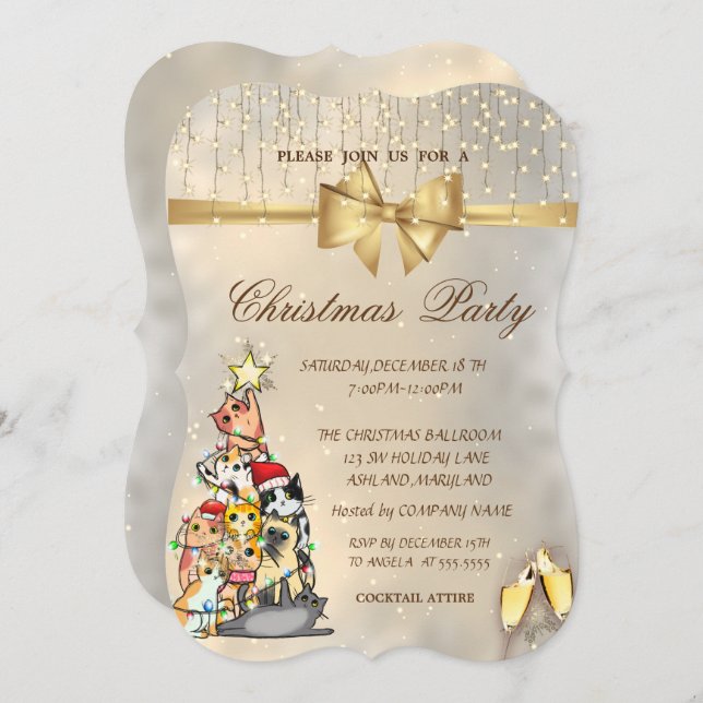 Snowflakes,Bow,Pine Tree Cats Christmas Party Invitation (Front/Back)