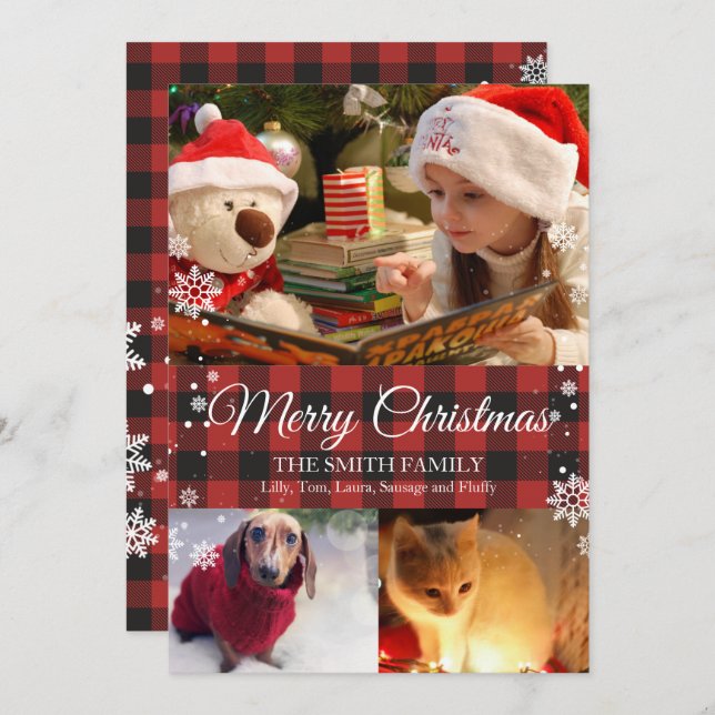 Snowflakes & Buffalo Plaid 3 Photo Christmas Card (Front/Back)