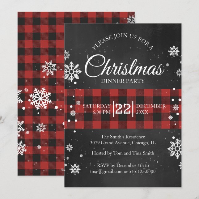 Snowflakes & Buffalo Plaid Christmas Party Invite (Front/Back)