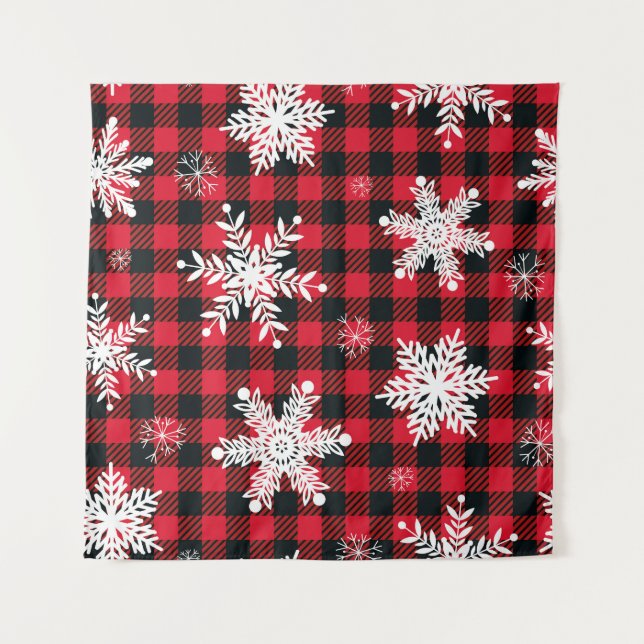 Snowflakes & Buffalo Plaid: Winter Charm Tapestry (Front)