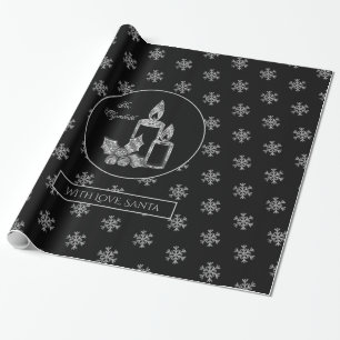 Snowflakes Candles Holly Black Silver Christmas Wrapping Paper
