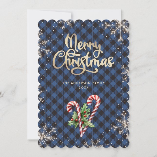 Snowflakes Candy Cane Blue Plaid Christmas Card (Front)