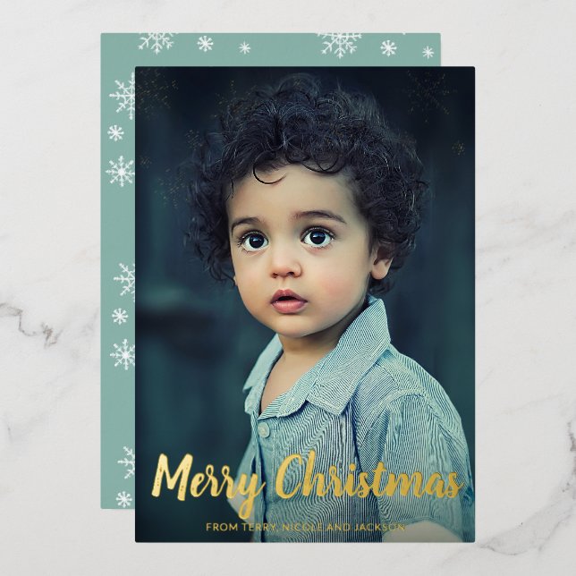 Snowflakes Chalk Script Photo Modern Christmas Foil Holiday Card (Front/Back)