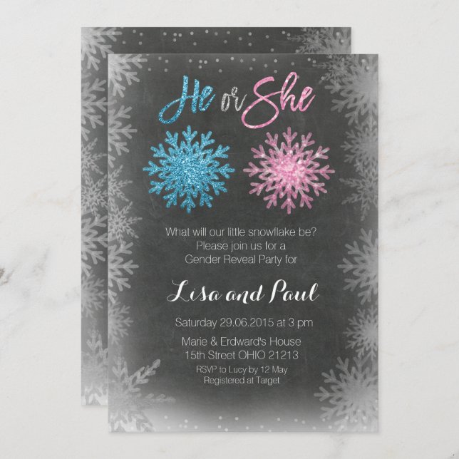 Snowflakes chalkboard gender reveal invitation (Front/Back)