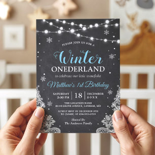 Snowflakes Chalkboard Lace Baby Boy First Birthday Invitation