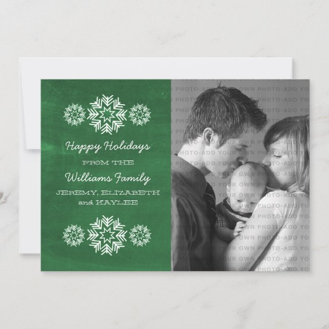 Snowflakes Chalkboard Photo Flat Card, Green Holiday Card (Front)