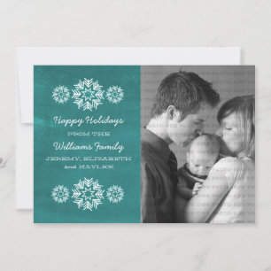 Snowflakes Chalkboard Photo Flat Card, Teal Holiday Card
