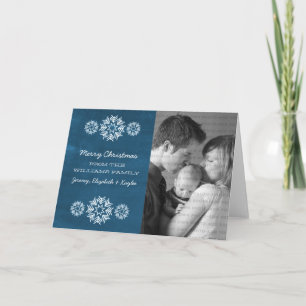 Snowflakes Chalkboard Photo Greeting Card, Blue Holiday Card