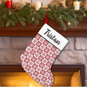 Snowflakes chequered Tristan name tag Small Christmas Stocking