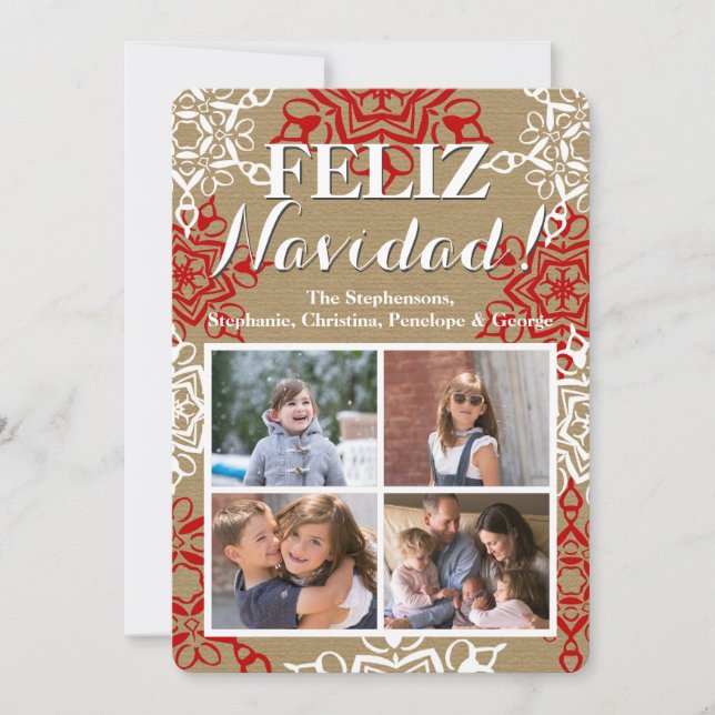 Snowflakes Christmas Craft 4 Photo Feliz Navidad Holiday Card (Front)