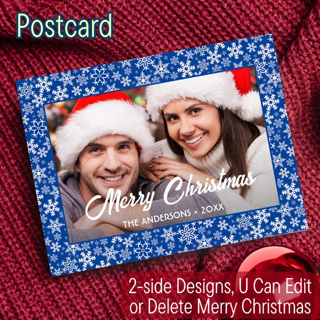 Snowflakes Christmas Family Photo Script Blue Holiday Postcard (Creator Uploaded)