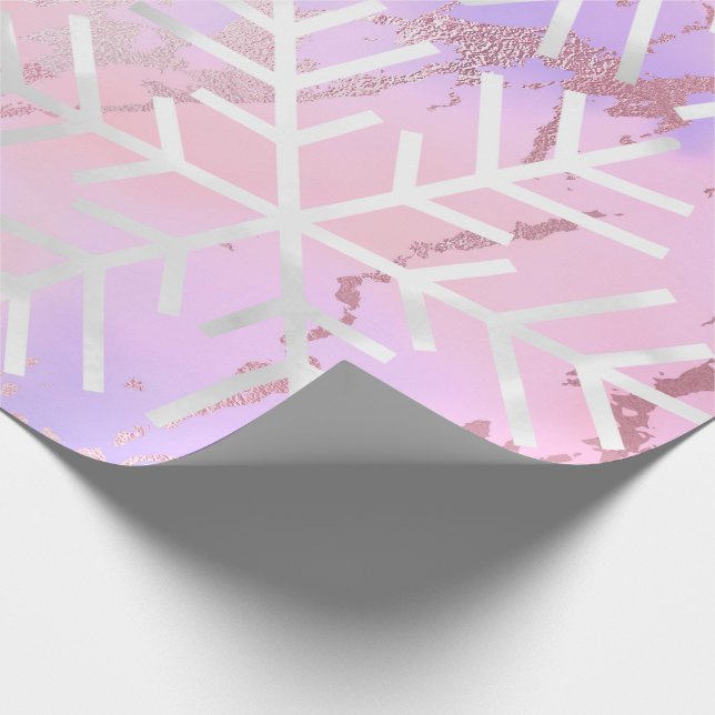 Snowflakes Christmas Holiday Marble Pink Blue Peac Wrapping Paper (Corner)
