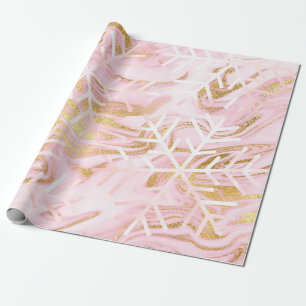 Snowflakes Christmas Holiday Marble Pink Gold Wrapping Paper