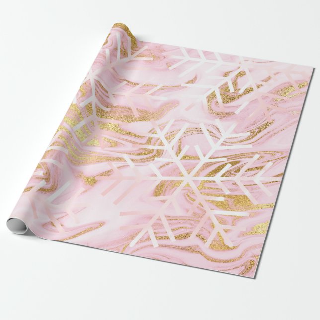 Snowflakes Christmas Holiday Marble Pink Gold Wrapping Paper (Unrolled)