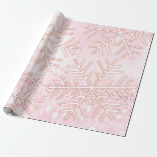 Snowflakes Christmas Holiday Pink Rose Glitter Wrapping Paper (Unrolled)