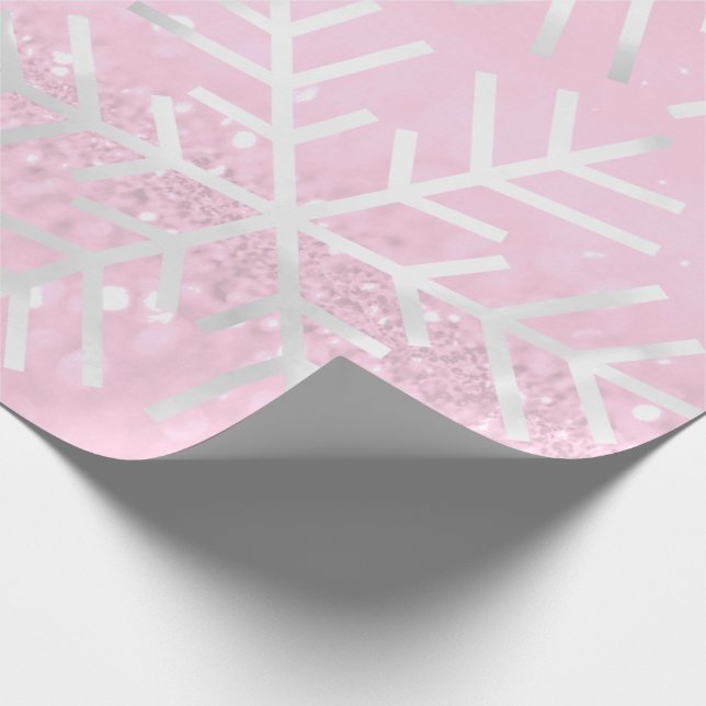 Snowflakes Christmas Holiday Pink Rose Glitter Wrapping Paper (Corner)