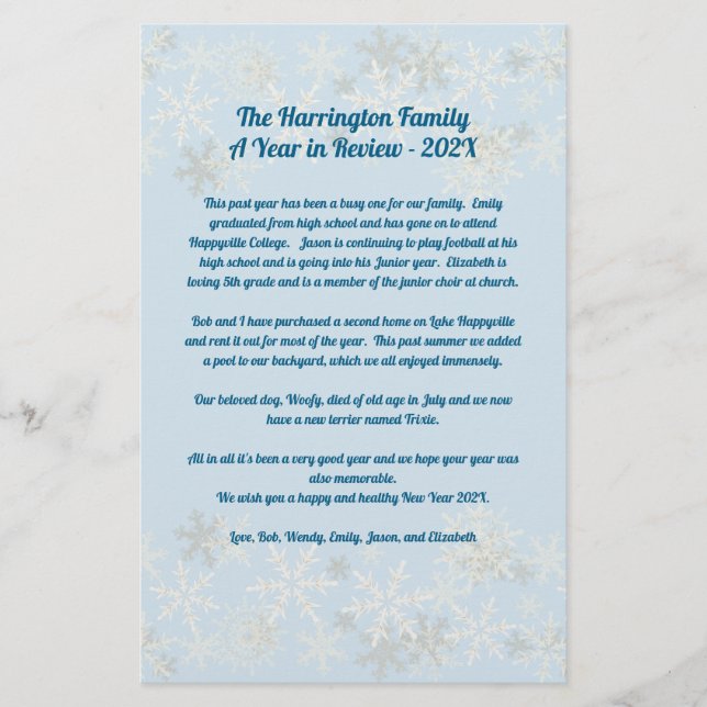 Snowflakes Christmas Letter Family Year in Review Stationery (Front)
