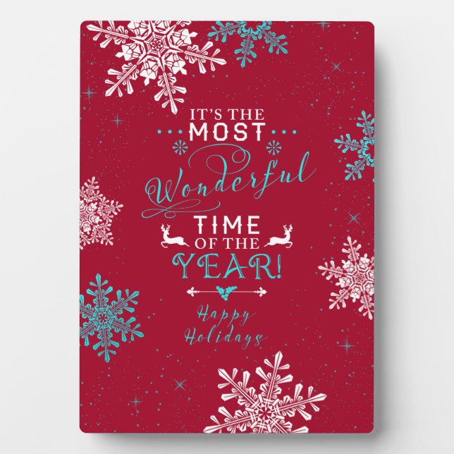 Snowflakes Christmas Red Turquoise Wonderful Time Plaque (Front)