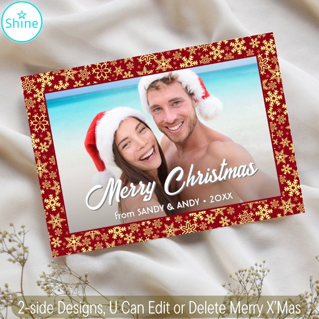 Snowflakes Christmas Script  Photo 2 Side Designs Holiday Card (Creator Uploaded)