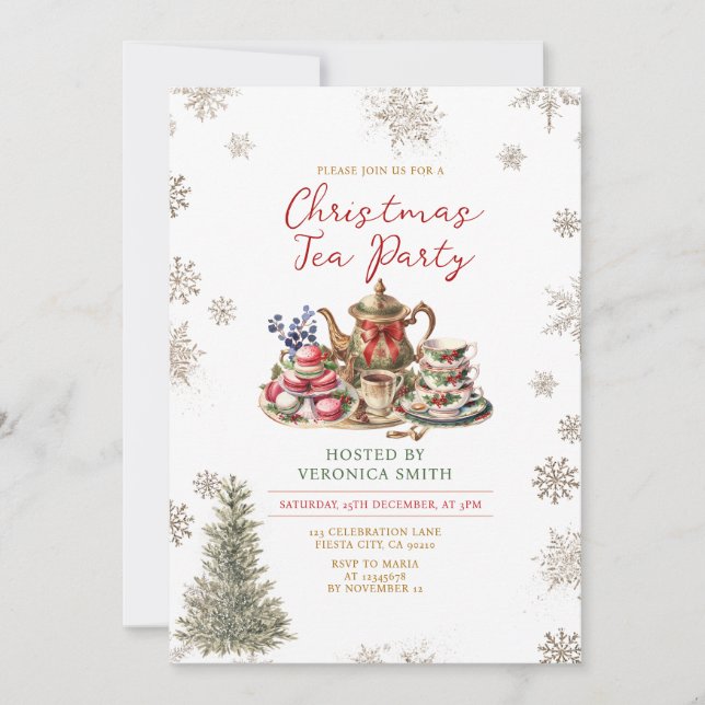 Snowflakes Christmas Tea Party Floral Holiday Invitation (Front)
