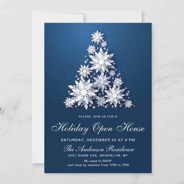 Snowflakes Christmas Tree Holiday Open House Invitation (Front)