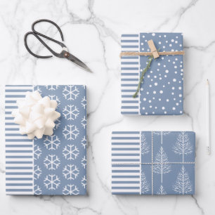 Snowflakes, Christmas trees and stripes dusty blue Wrapping Paper Sheet
