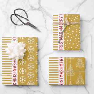 Snowflakes, Christmas trees gold stripes red Wrapping Paper Sheet