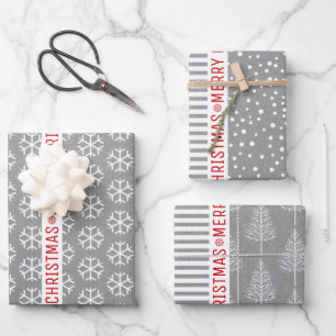 Snowflakes, Christmas trees, grey kraft stripes Wrapping Paper Sheet