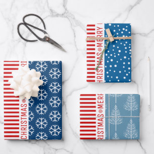 Snowflakes, Christmas trees red stripes blue Wrapping Paper Sheet