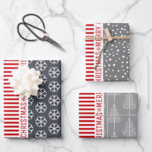 Snowflakes, Christmas trees red stripes grey Wrapping Paper Sheet