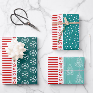 Snowflakes, Christmas trees red stripes teal blue Wrapping Paper Sheet