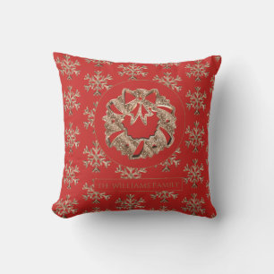 Snowflakes Christmas Wreath Elegant Red and Gold Cushion