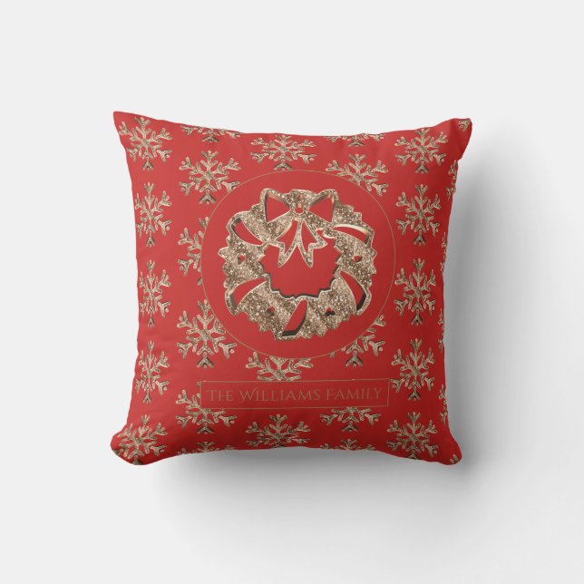 Snowflakes Christmas Wreath Elegant Red and Gold Cushion (Front)
