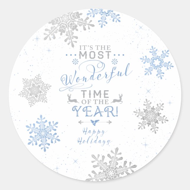 Snowflakes Christmas Xmas Blue Grey White Classic Round Sticker (Front)