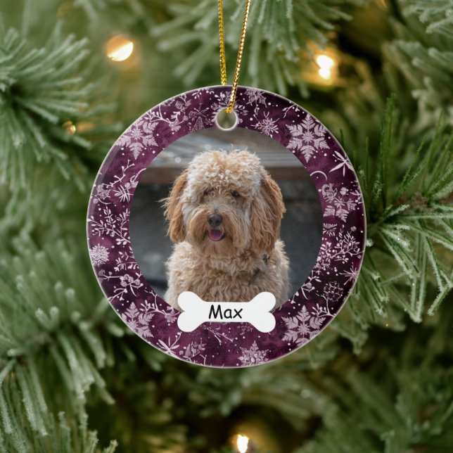 Snowflakes Custom Pet Puppy Dog Photo Ceramic Ornament (Tree)
