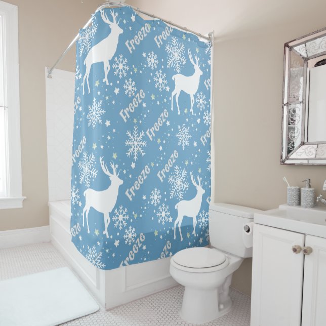 snowflakes deer blue shower curtain (In Situ)